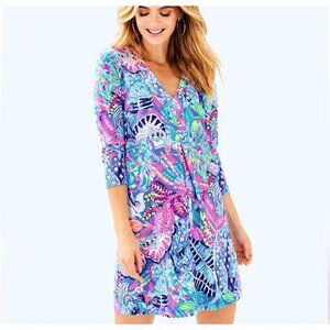 Lilly Pulitzer Amina Dress in Multi Fantasy Garden 3/4 Sleeve Pima Cotton Sz S